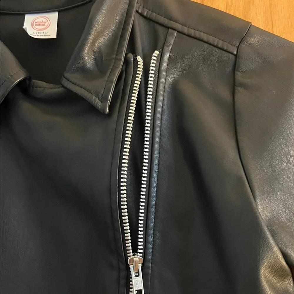 Wonder Nation Black Leather Jacket with Silver Zipper